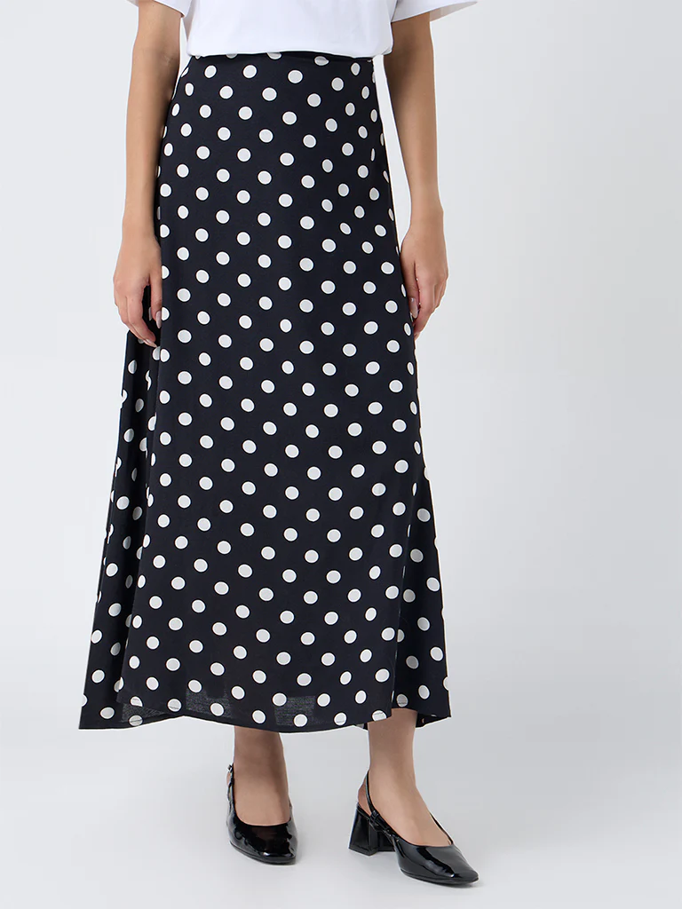 LOV Black Polka Dotted High-Rise Linen-Blend Skirt - Image 2