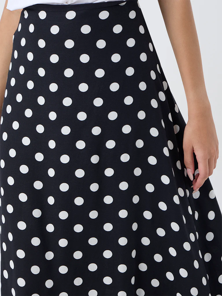 LOV Black Polka Dotted High-Rise Linen-Blend Skirt - Image 3