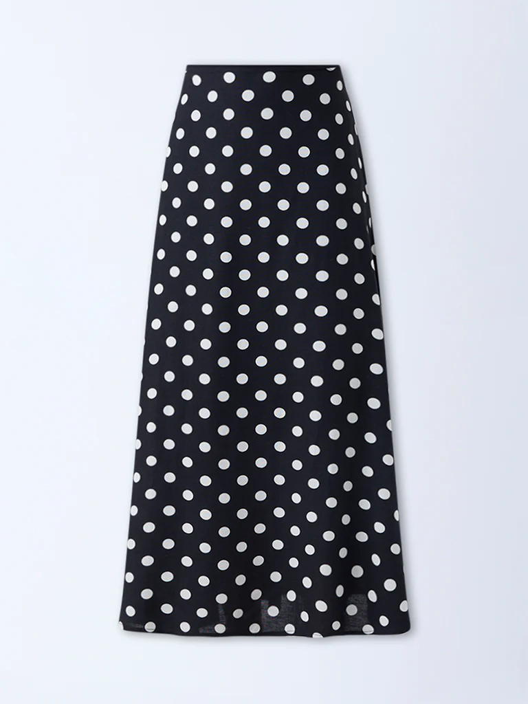 LOV Black Polka Dotted High-Rise Linen-Blend Skirt - Image 5