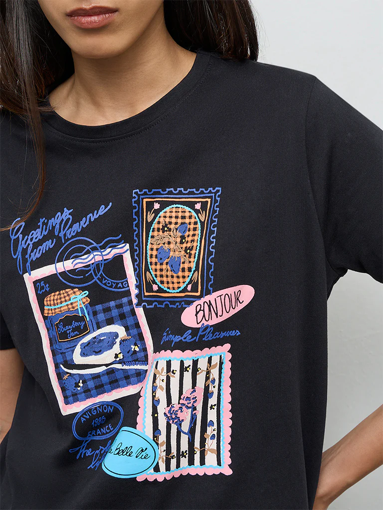 LOV Black Printed Cotton T-Shirt - Image 3