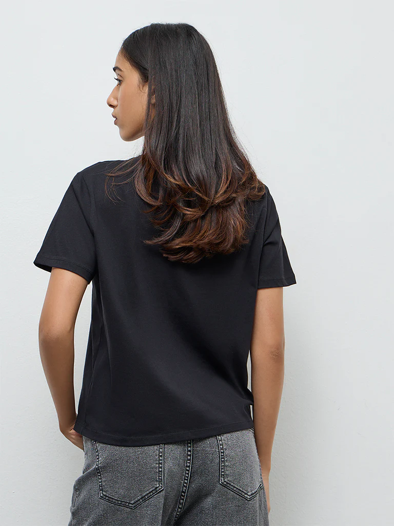 LOV Black Printed Cotton T-Shirt - Image 4