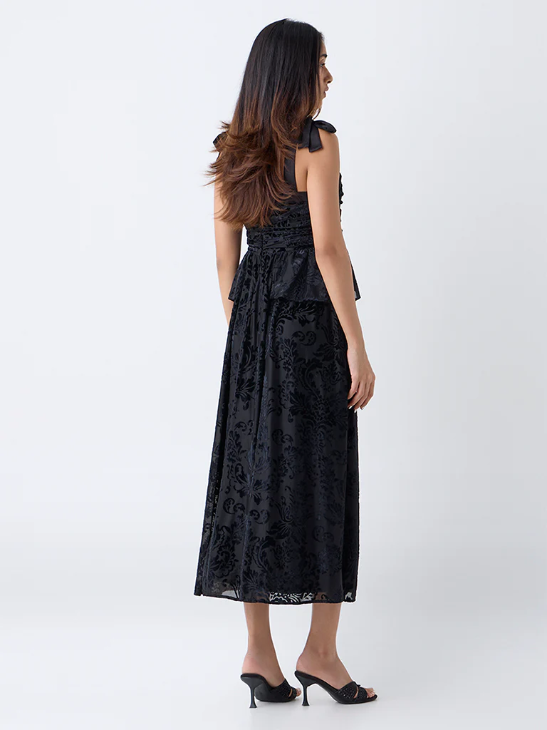 LOV Black Self-Patterned Velvet A-Line Dress - Image 4