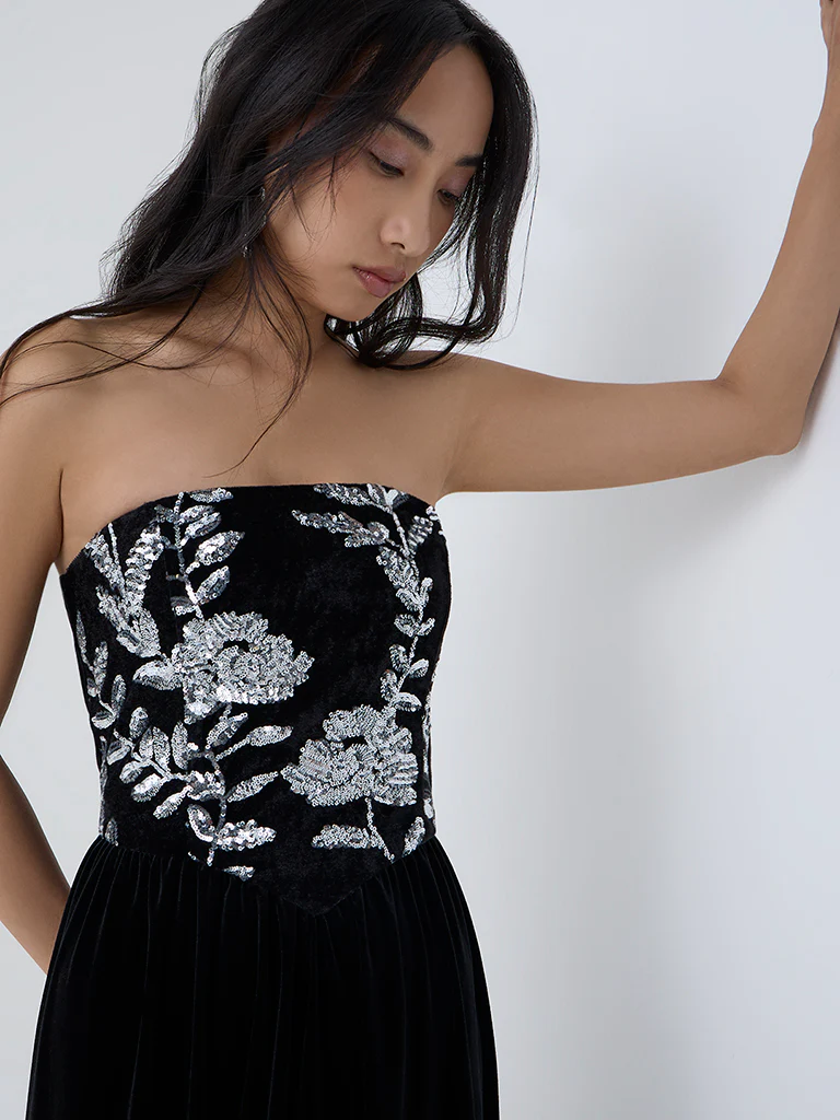 LOV Black Sequin Embellished Velvet Tube Dress - Image 2