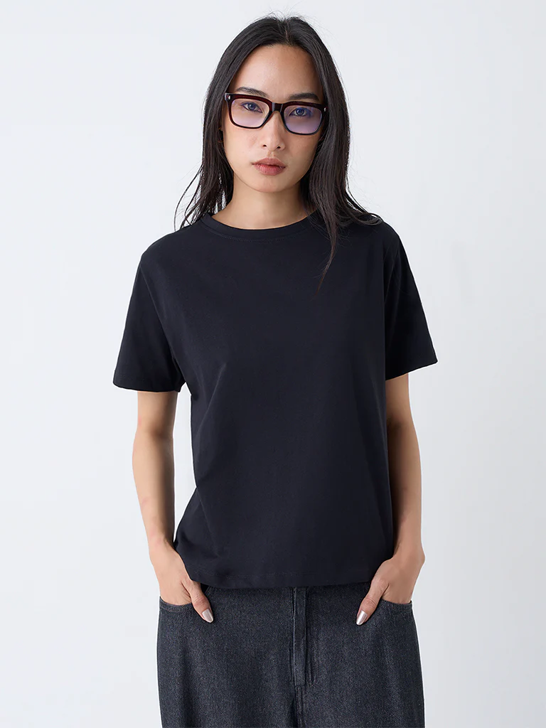 LOV Black Solid Cotton T-Shirt  - Image 2