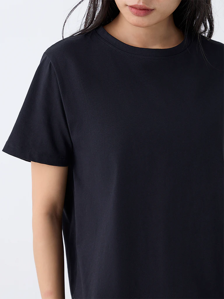LOV Black Solid Cotton T-Shirt  - Image 3