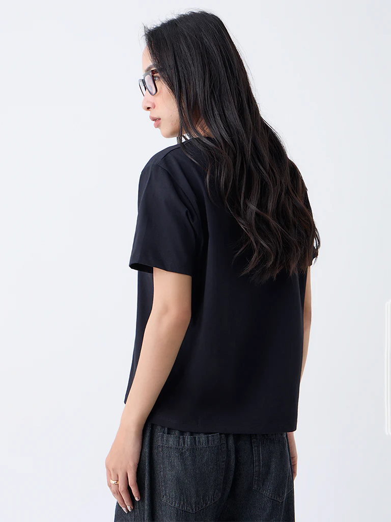 LOV Black Solid Cotton T-Shirt  - Image 4