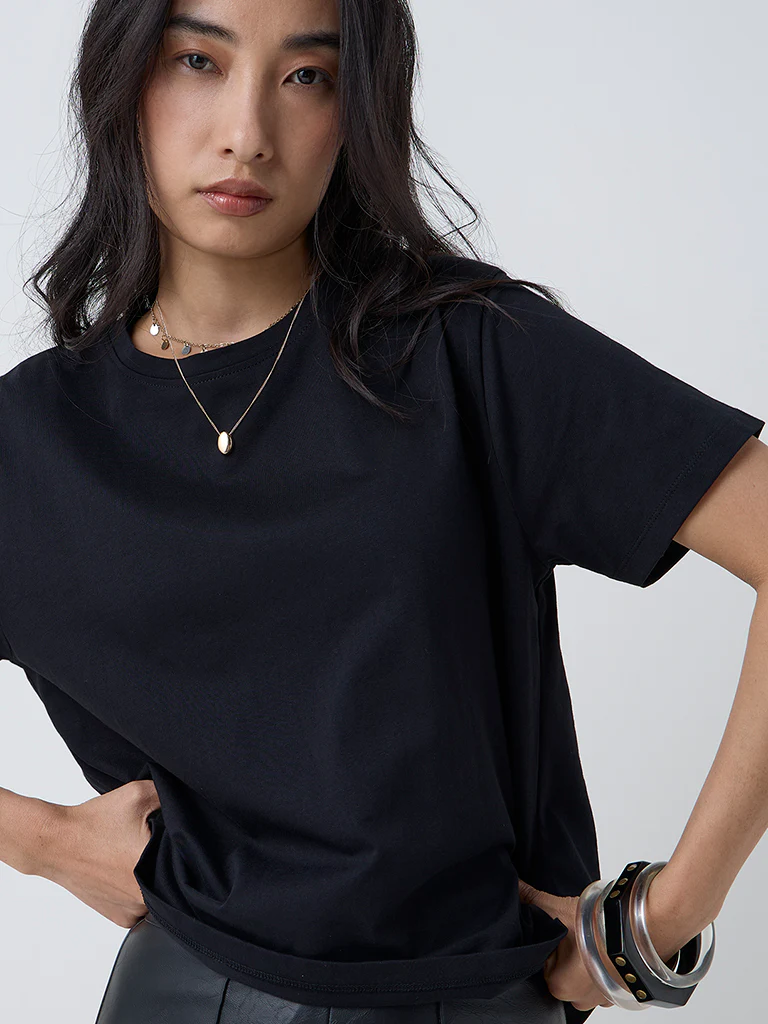 LOV Black Solid Cotton T-Shirt - Image 3