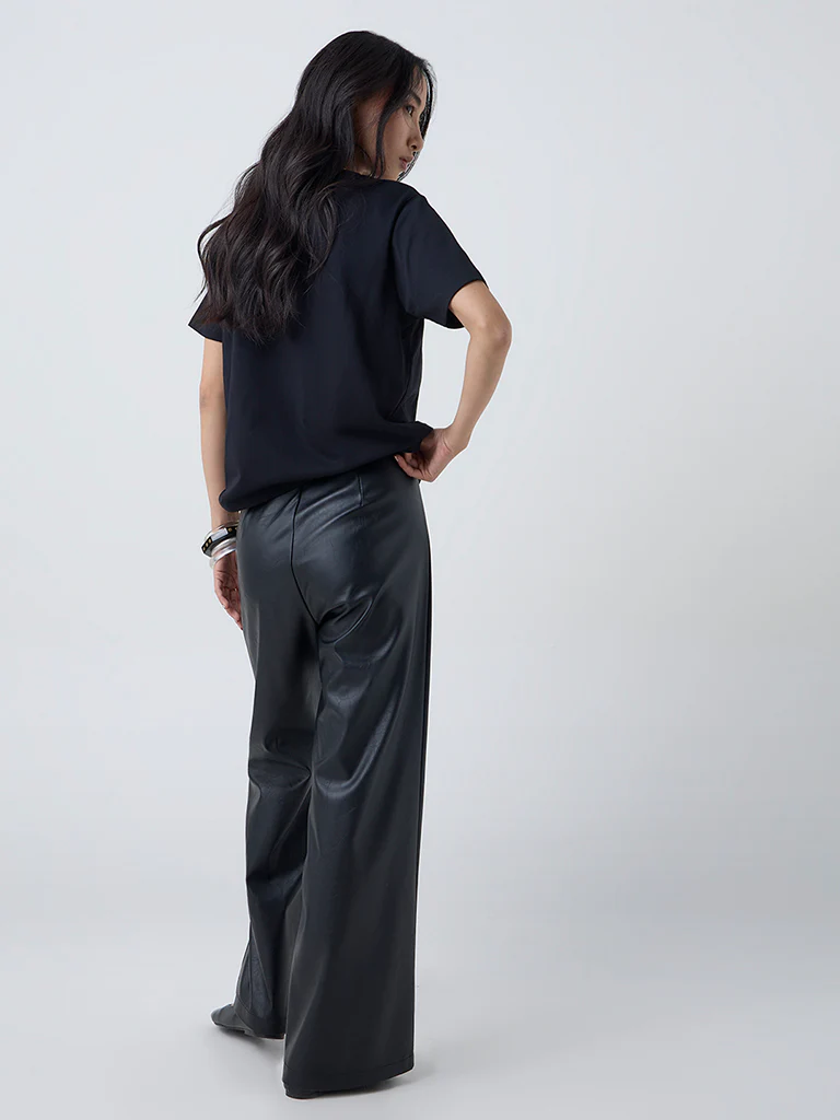 LOV Black Solid Cotton T-Shirt - Image 4
