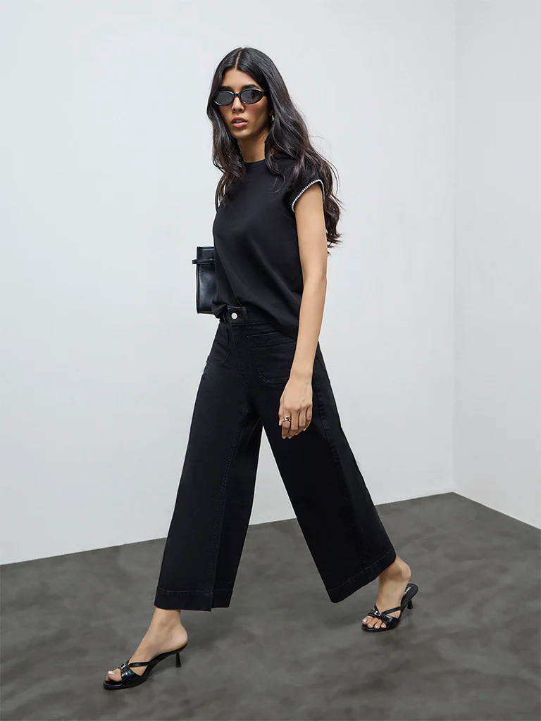 LOV Black Solid Cotton T-Shirt - Image 2