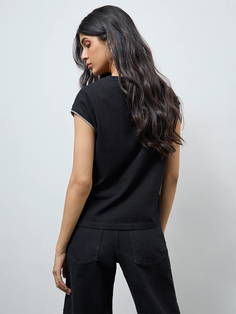 LOV Black Solid Cotton T-Shirt - Image 4