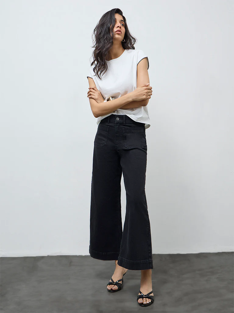 LOV Black Solid High-Rise Flared Jeans