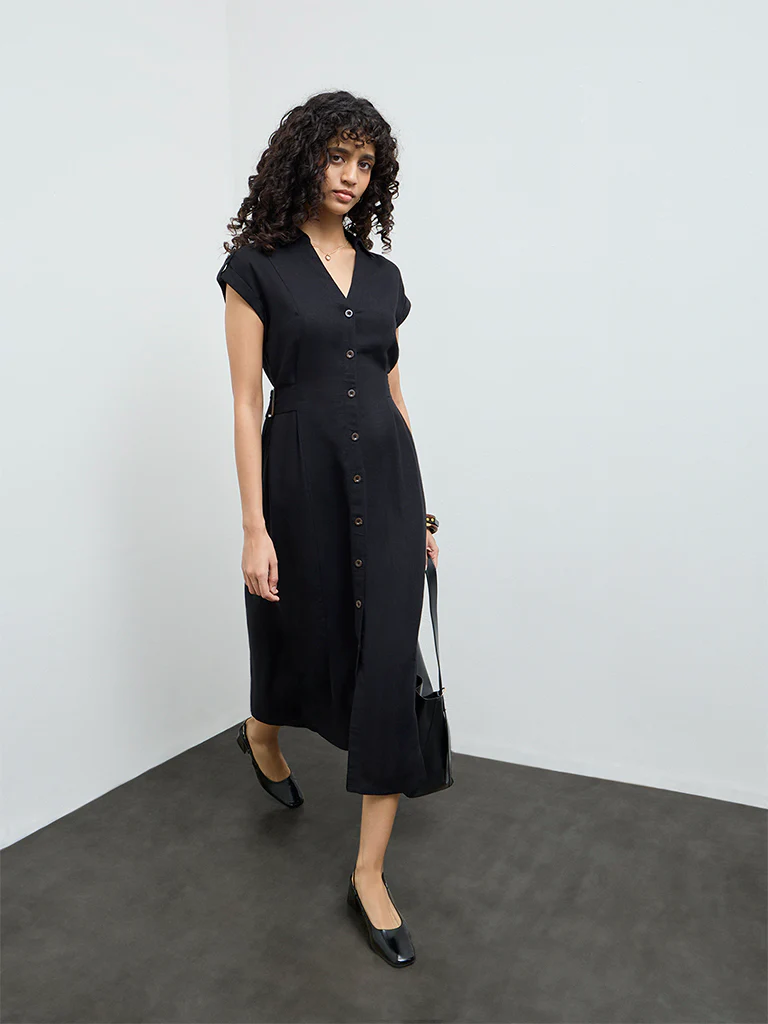 LOV Black Solid Linen-Blend Shirt Dress - Image 2
