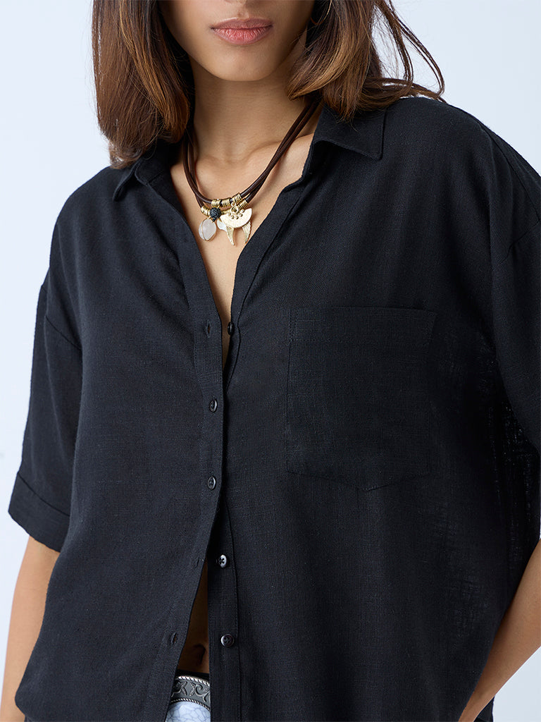 LOV Black Solid Linen Shirt - Image 3