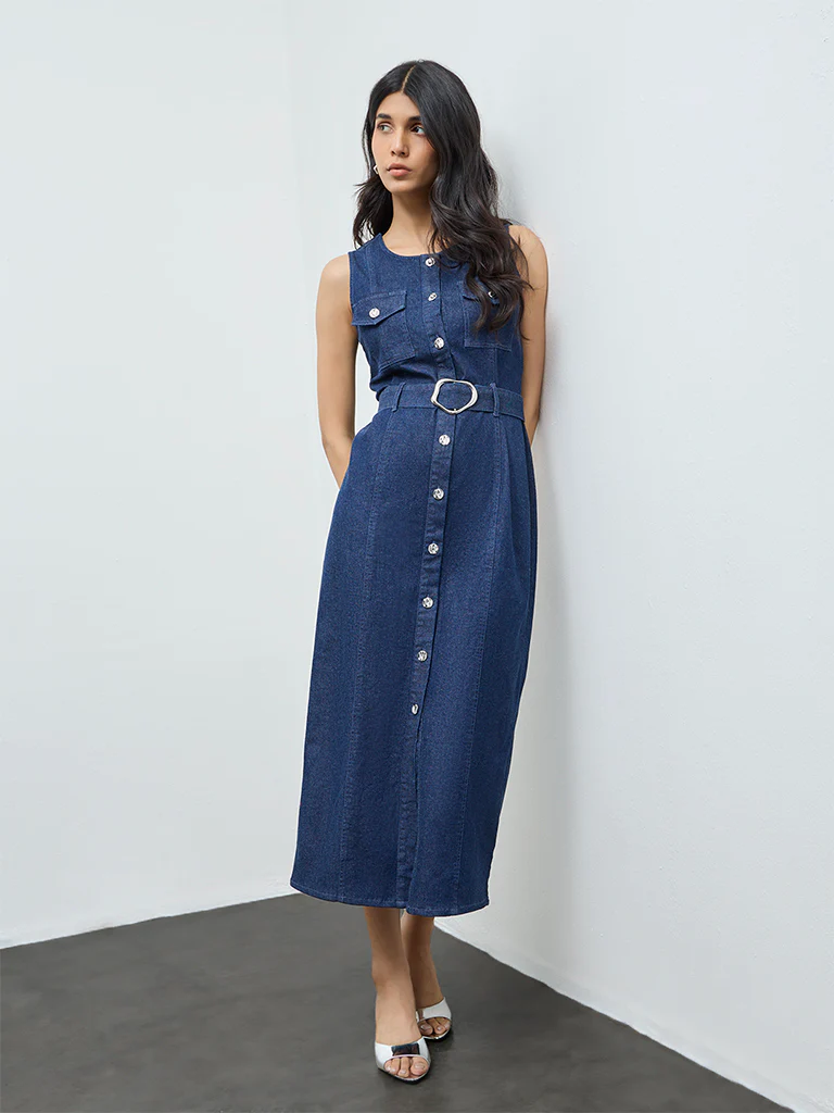 LOV Blue Denim A-Line Dress with Belt - Image 2