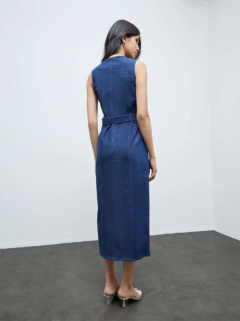 LOV Blue Denim A-Line Dress with Belt - Image 4