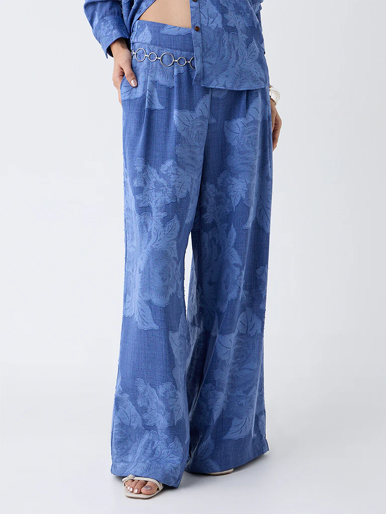 LOV Blue Floral Detailed High-Rise Flared Pants - Image 2