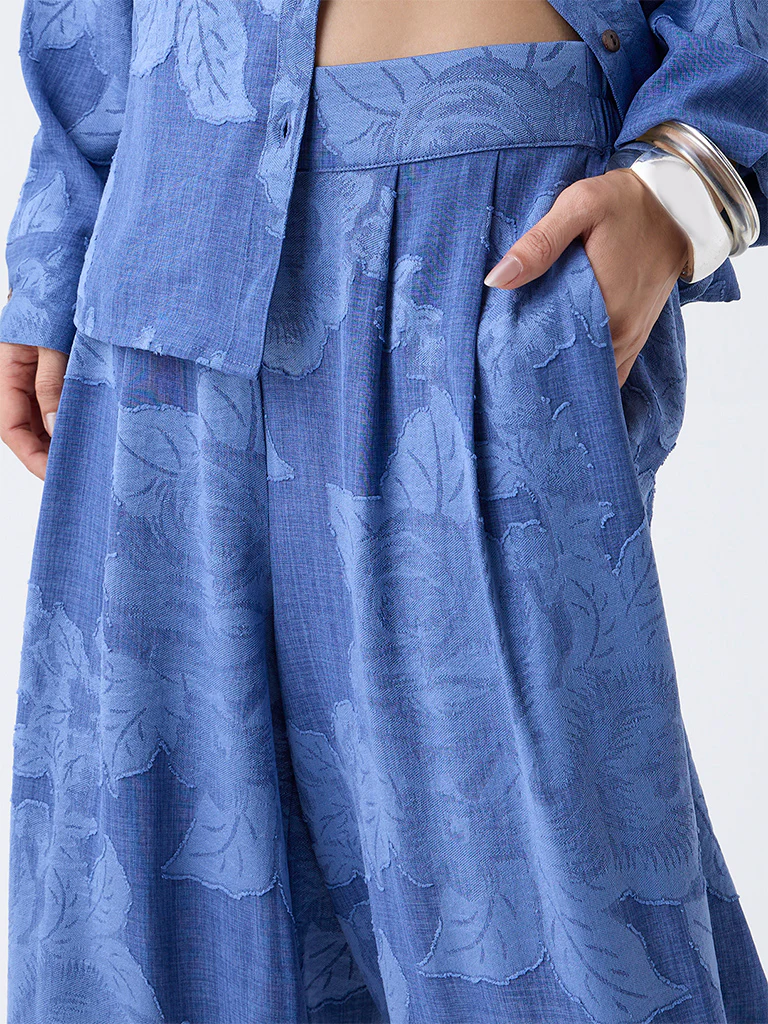 LOV Blue Floral Detailed High-Rise Flared Pants - Image 3