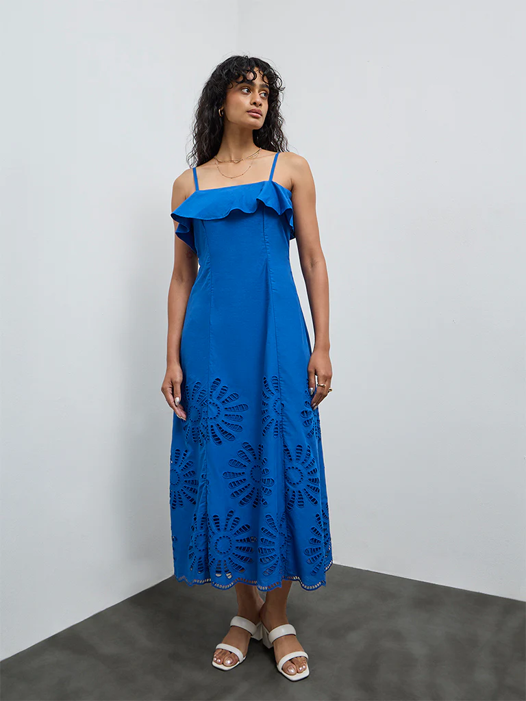 LOV Blue Floral Embroidered A-Line Cotton Dress - Image 2