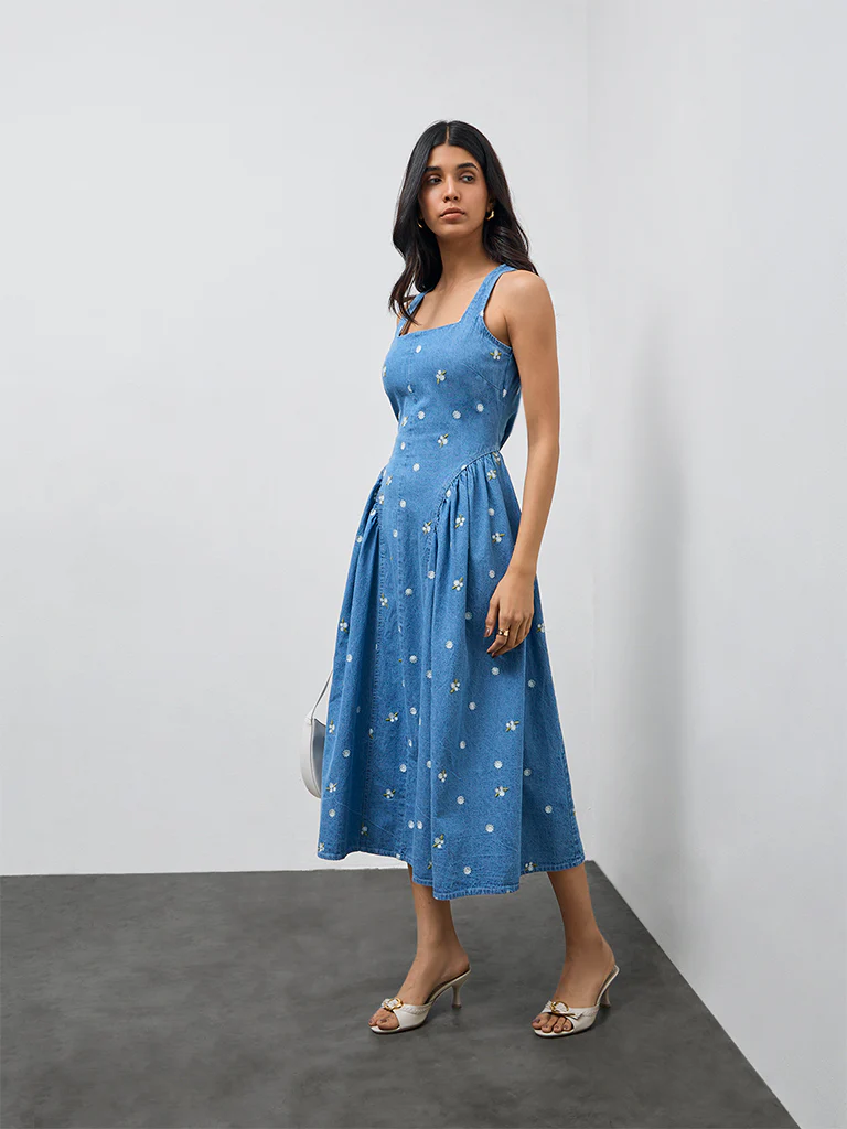 LOV Blue Floral Embroidered A-Line Denim Dress