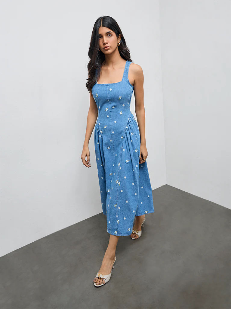 LOV Blue Floral Embroidered A-Line Denim Dress - Image 2