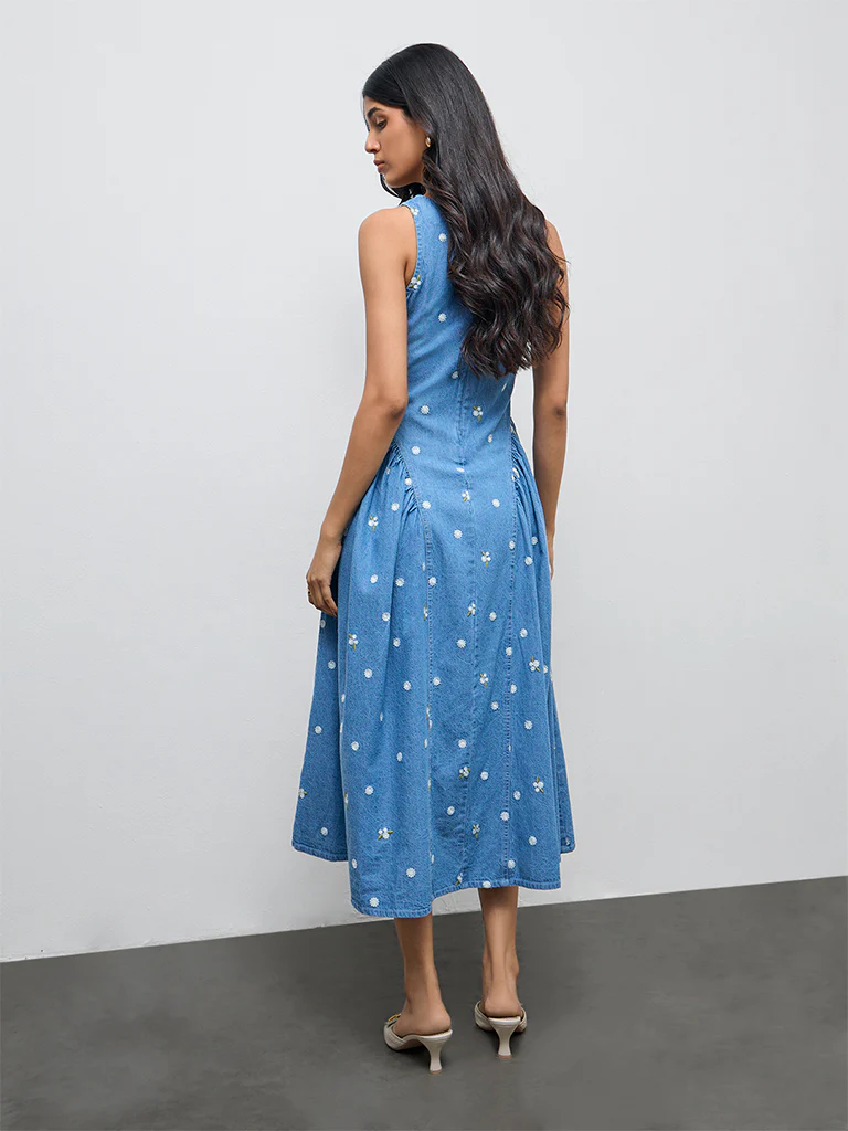 LOV Blue Floral Embroidered A-Line Denim Dress - Image 4