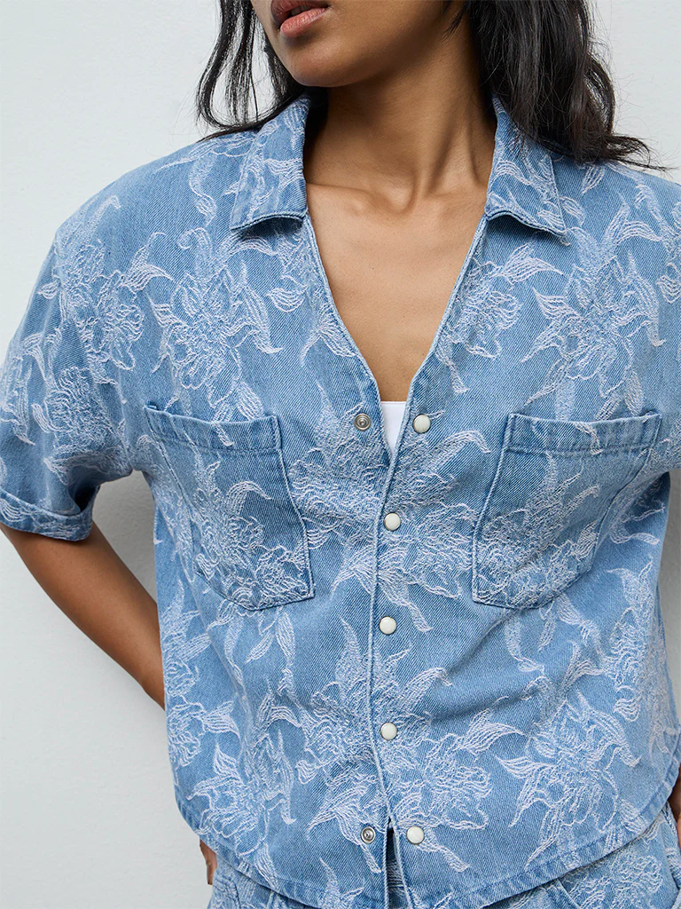LOV Blue Floral Embroidered Denim Shirt - Image 3