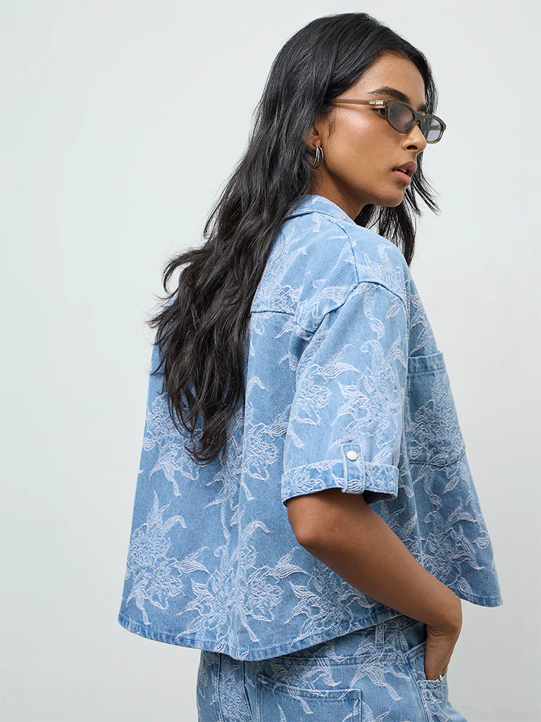 LOV Blue Floral Embroidered Denim Shirt - Image 4