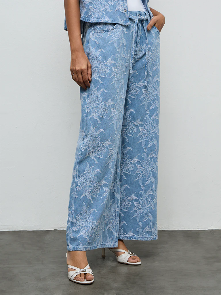 LOV Blue Floral Embroidered High-Rise Jeans with Belt - Image 2