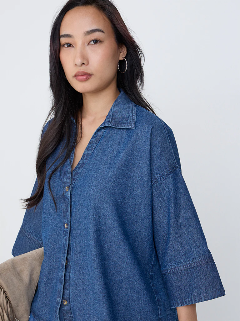 LOV Blue High-Low Denim Shirt - Image 3