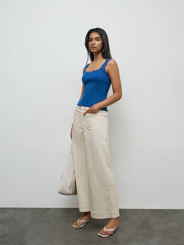 LOV Blue Ribbed Lace-Detailed Top - Image 2