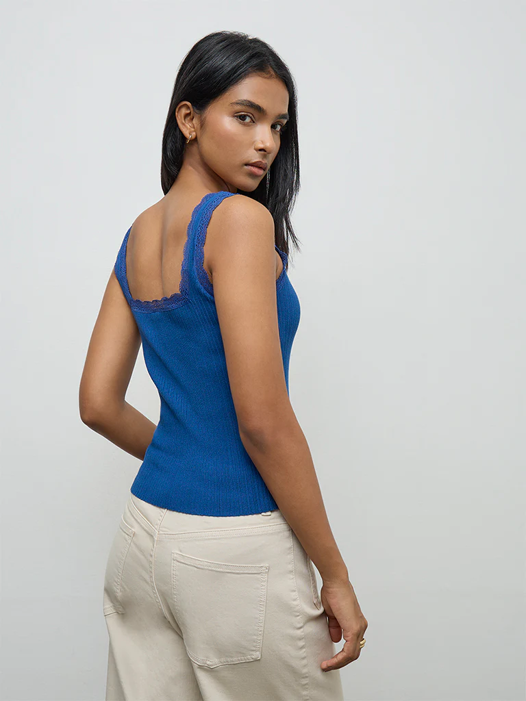 LOV Blue Ribbed Lace-Detailed Top - Image 4