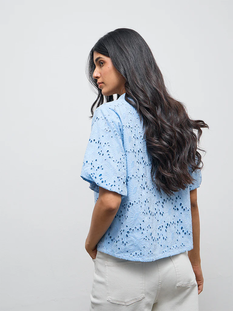 LOV Blue Schiffli Embroidered Cotton Blouse - Image 4