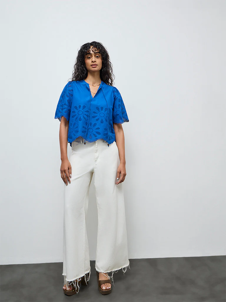 LOV Blue Schiffli Embroidered Cotton Top - Image 2