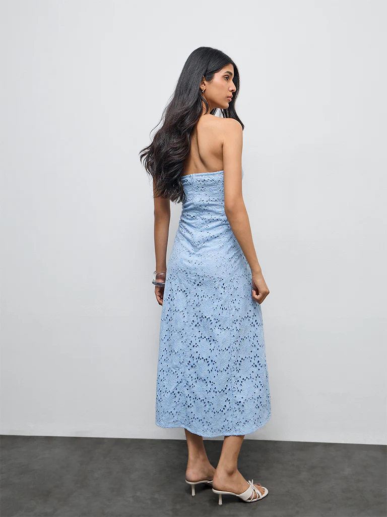 LOV Blue Schiffli Embroidered Off-Shoulder Cotton A-Line Dress - Image 4