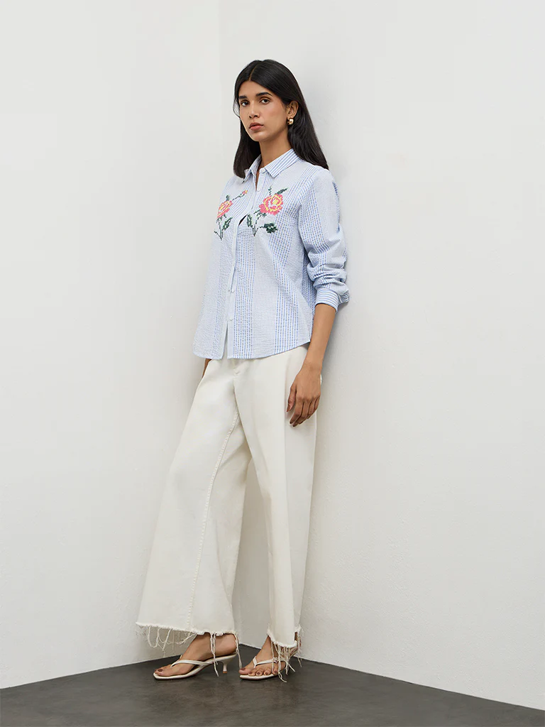 LOV Blue Seersucker-Textured Cotton Shirt - Image 2