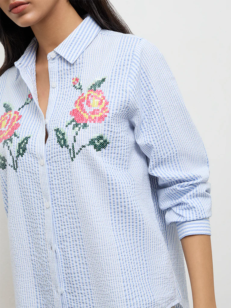 LOV Blue Seersucker-Textured Cotton Shirt - Image 3