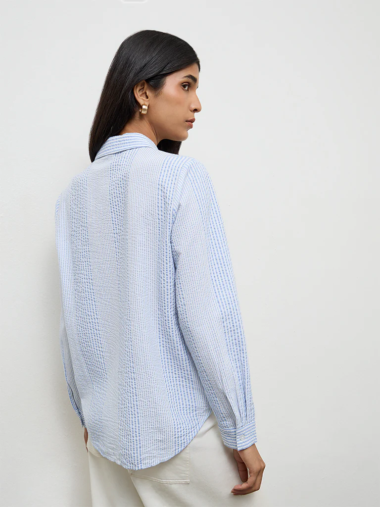 LOV Blue Seersucker-Textured Cotton Shirt - Image 4