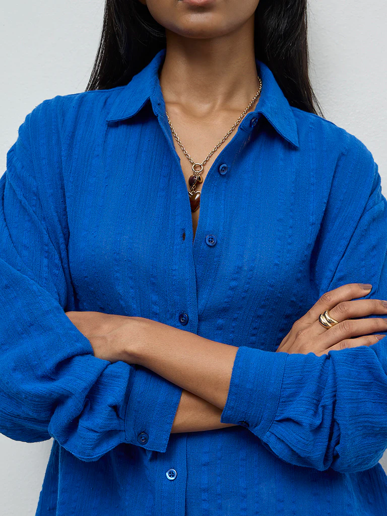 LOV Blue Seersucker-Textured Cotton Shirt - Image 3
