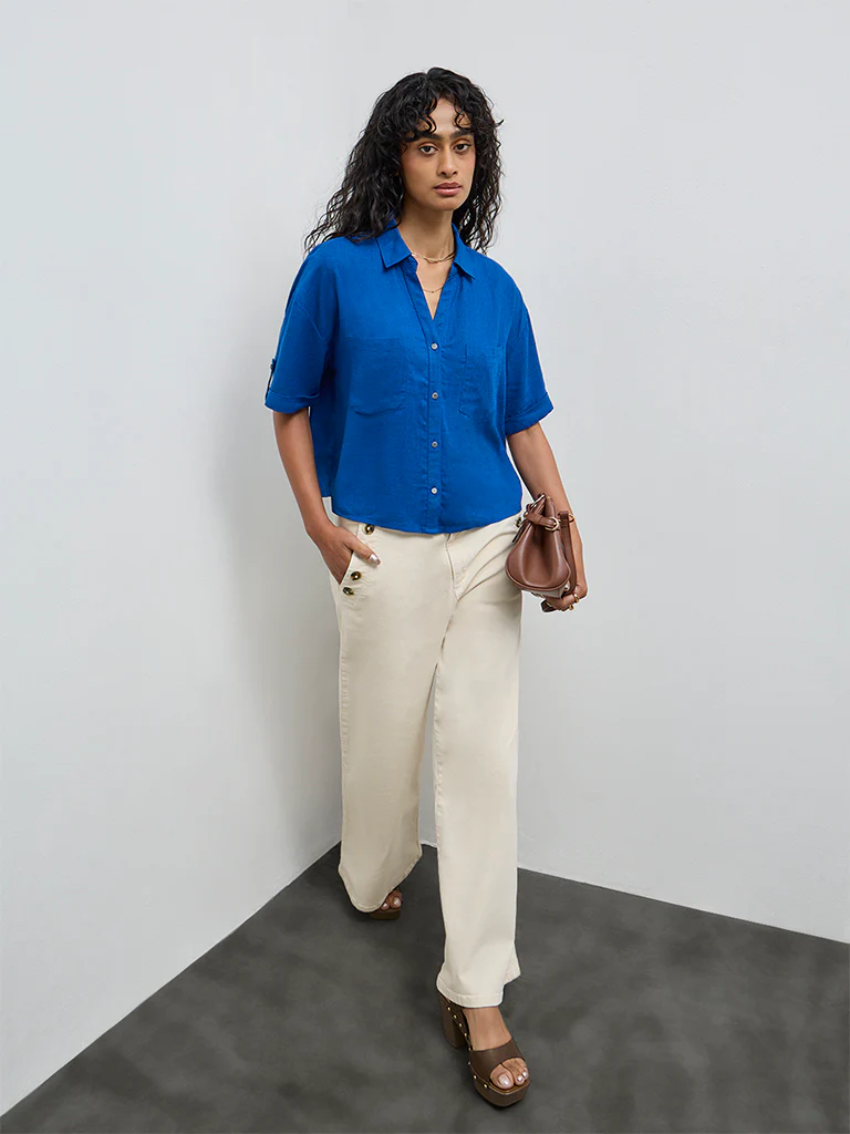 LOV Blue Solid Cotton-Blend Shirt - Image 2