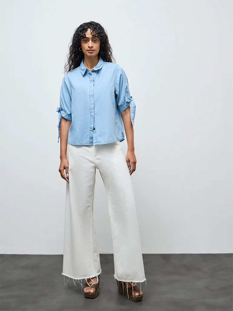 LOV Blue Solid Denim Shirt - Image 2