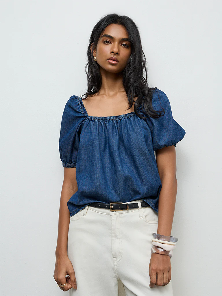 LOV Blue Solid Denim Top