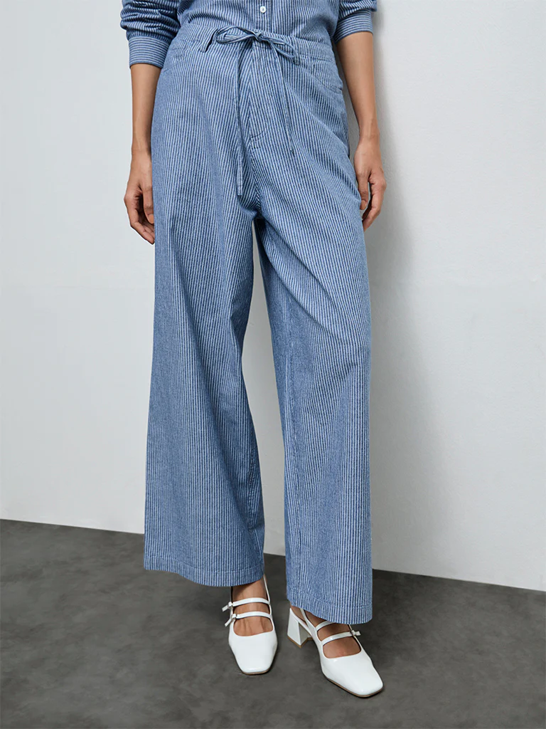 LOV Blue Striped High-Rise Cotton Trousers - Image 2