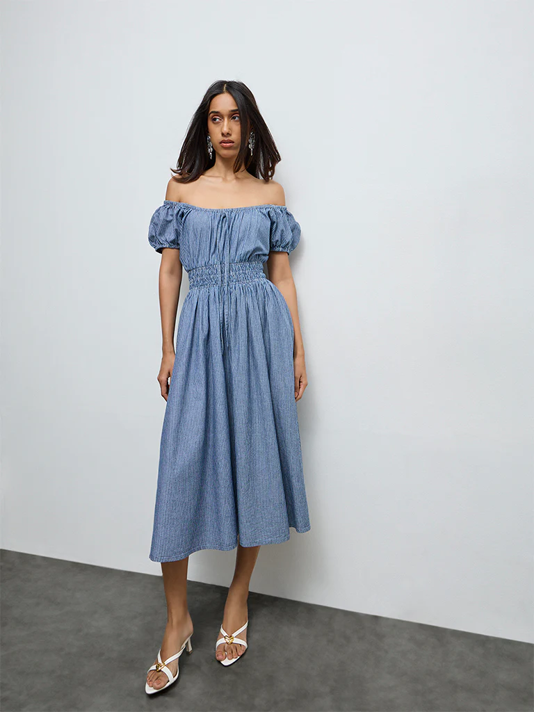LOV Blue Striped Off-Shoulder Cotton Dress