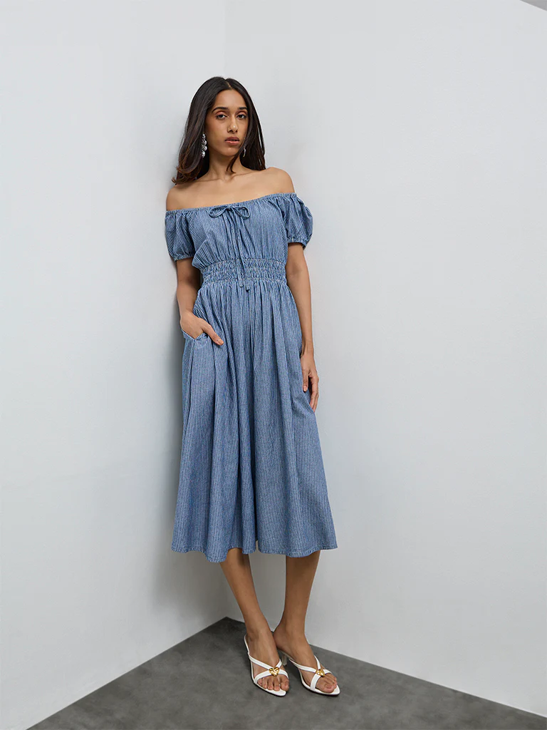 LOV Blue Striped Off-Shoulder Cotton Dress - Image 2