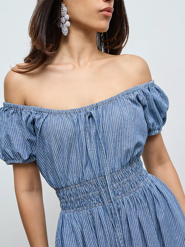 LOV Blue Striped Off-Shoulder Cotton Dress - Image 3