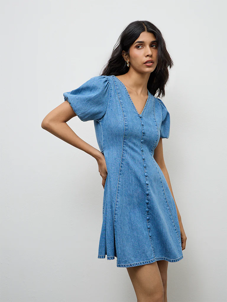LOV Blue Washed Denim A-Line Dress - Image 2