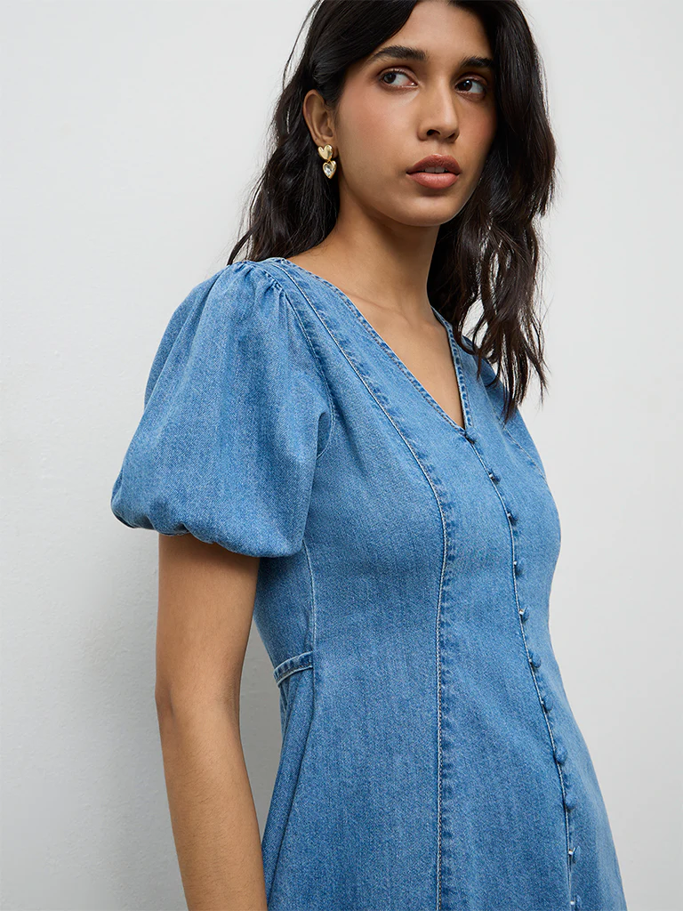 LOV Blue Washed Denim A-Line Dress - Image 3