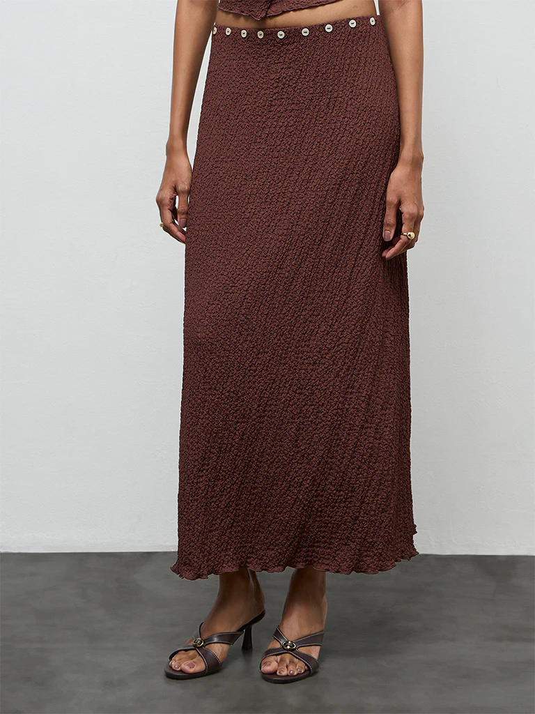 LOV Brown Crinkle-Texture High-Rise Skirt - Image 2