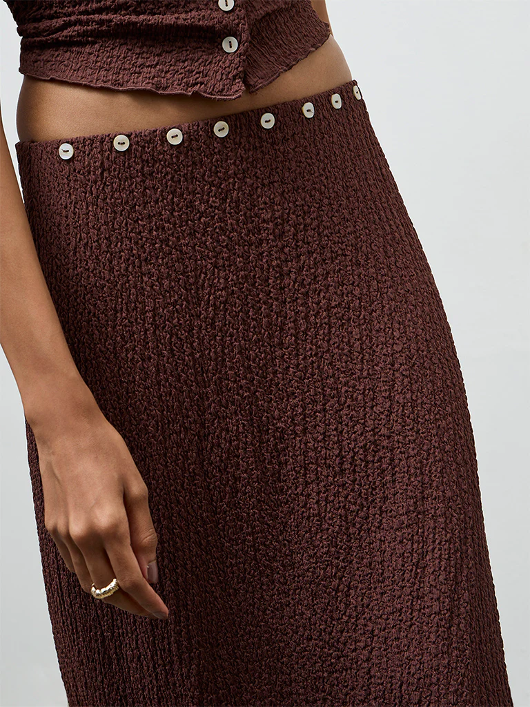 LOV Brown Crinkle-Texture High-Rise Skirt - Image 3