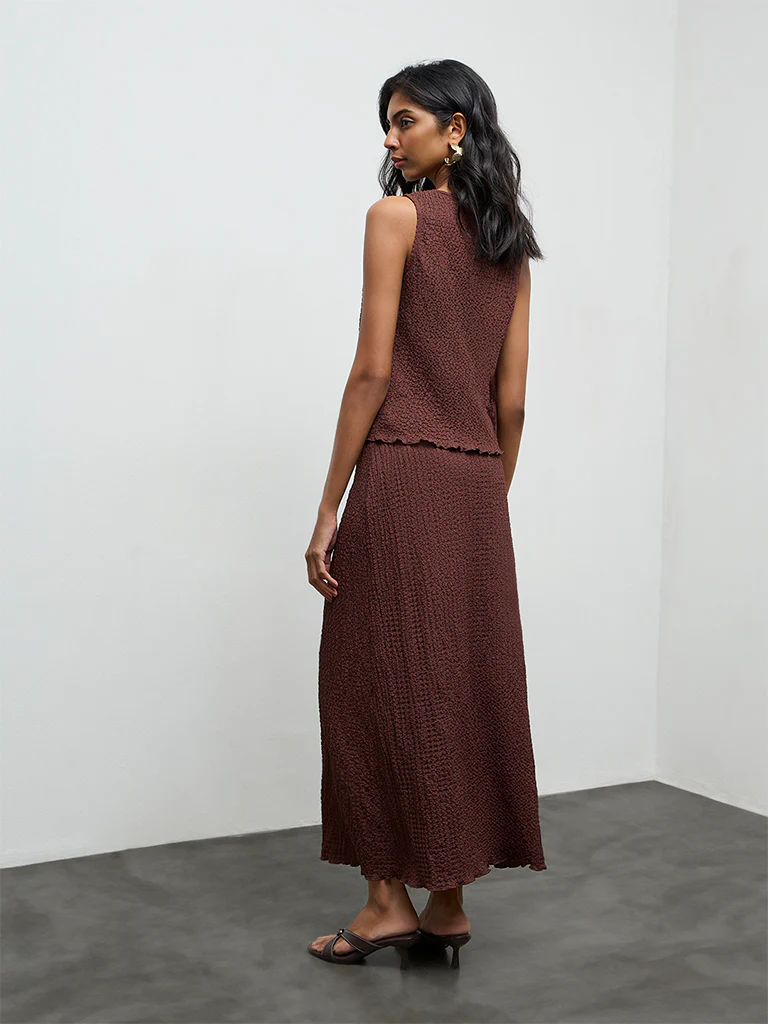 LOV Brown Crinkle-Texture High-Rise Skirt - Image 4